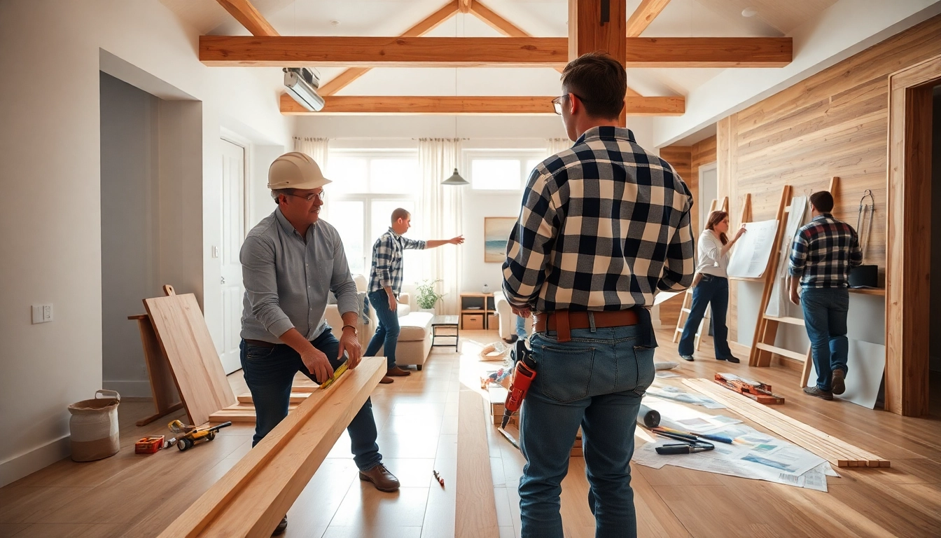 Home renovation activities in a bright workspace with professionals collaborating on a project.