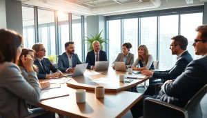 Engage in professional business strategies during a dynamic meeting setting.