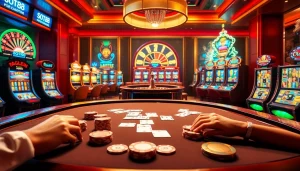 Players enjoying a thrilling game at lc88 casino's professional poker table, showcasing excitement and luxury.