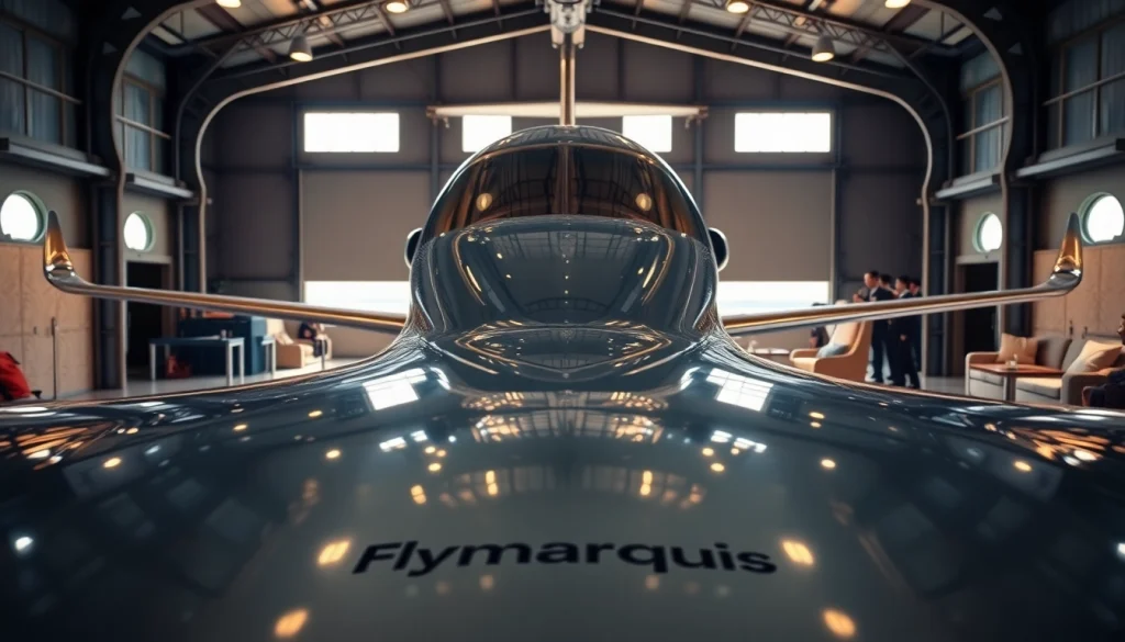 Experience luxury travel with https://flymarquis.com, showcasing a private jet in a stylish hangar.
