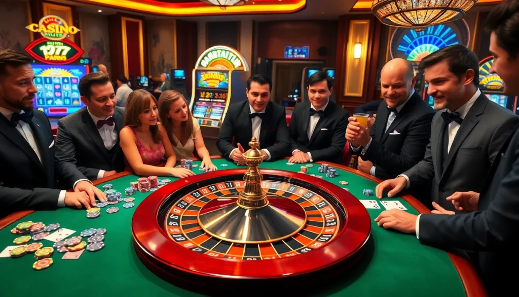 Exciting gambling action at https://mm88.sh/ with vibrant poker games, roulette, and luxury casino atmosphere.