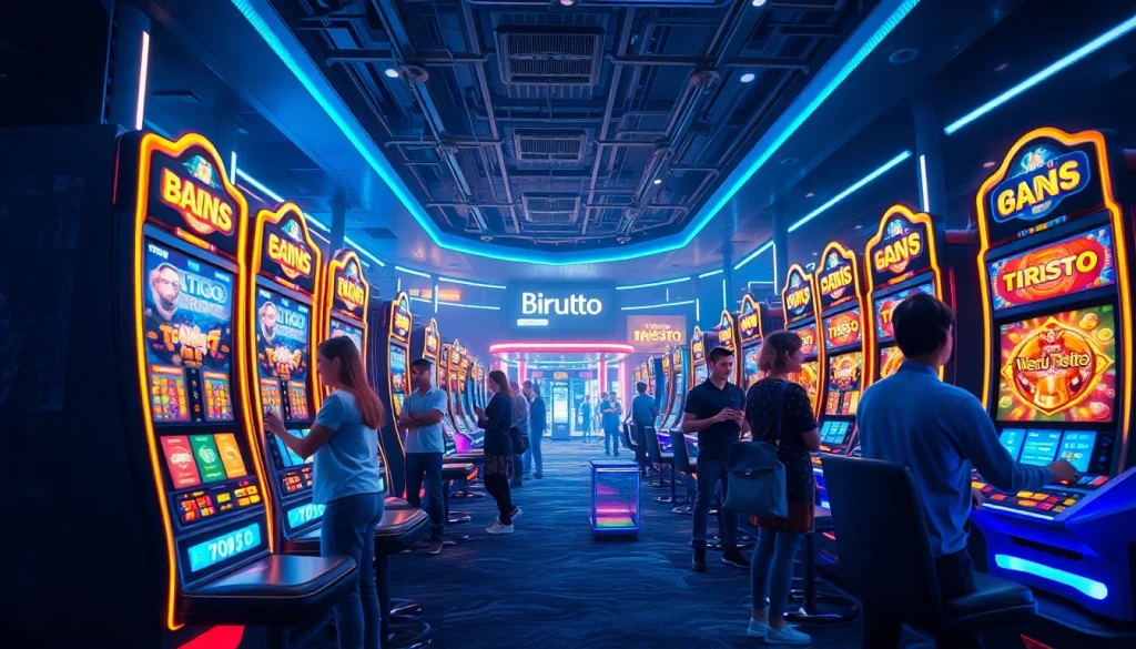 Adegan permainan yang menarik yang menampilkan pengalaman slot online Birutoto dengan para pemain dan mesin slot modern.