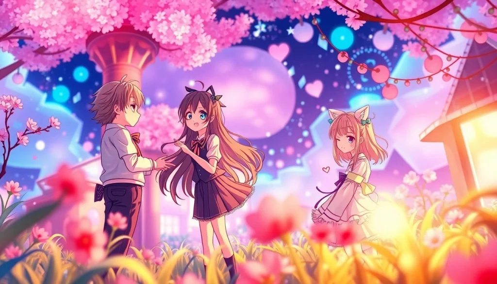 Engaging anime sex scene showcasing playful interactions in a vibrant, fantasy world.