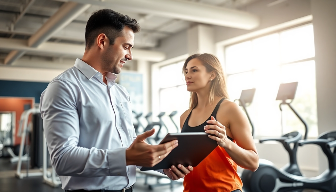 Calculate your metabolic age calculator results with a fitness coach in a vibrant gym environment.