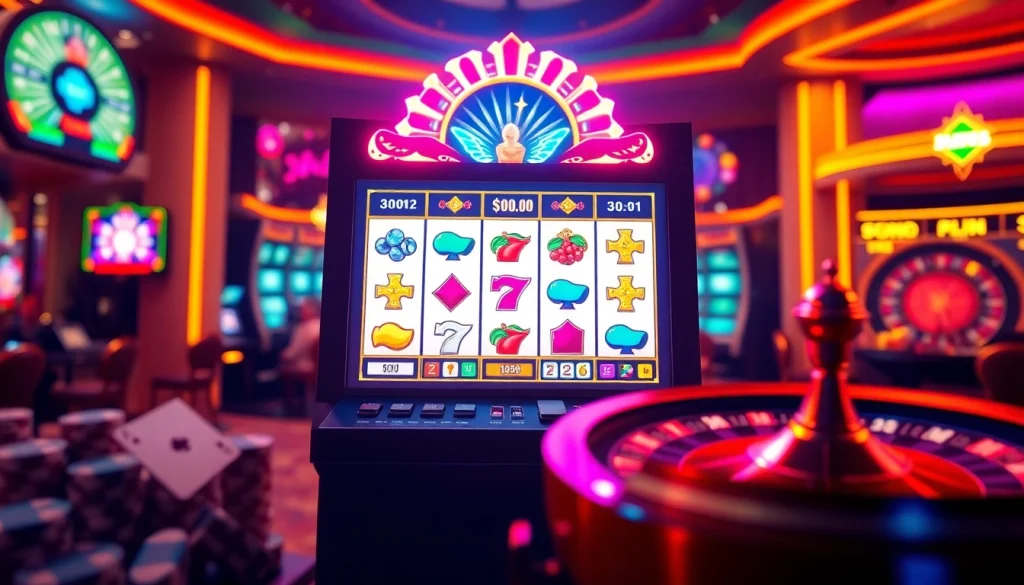 Experience the thrill of online slots in a vibrant casino scene filled with excitement and rich visuals.