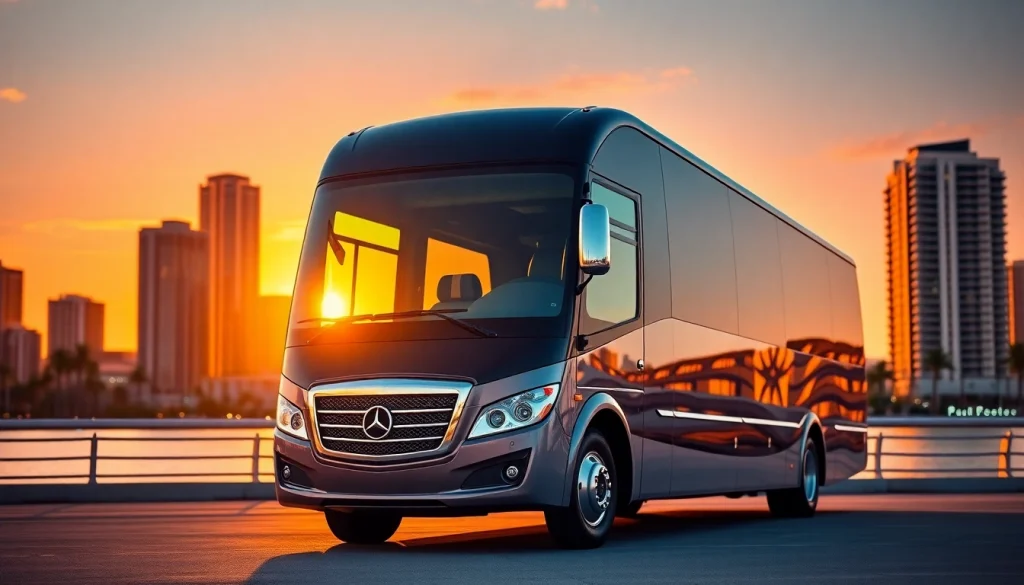 View the premium charter bus from https://miamicharterbus.com against Miami's vibrant skyline.