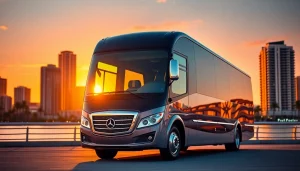 View the premium charter bus from https://miamicharterbus.com against Miami's vibrant skyline.
