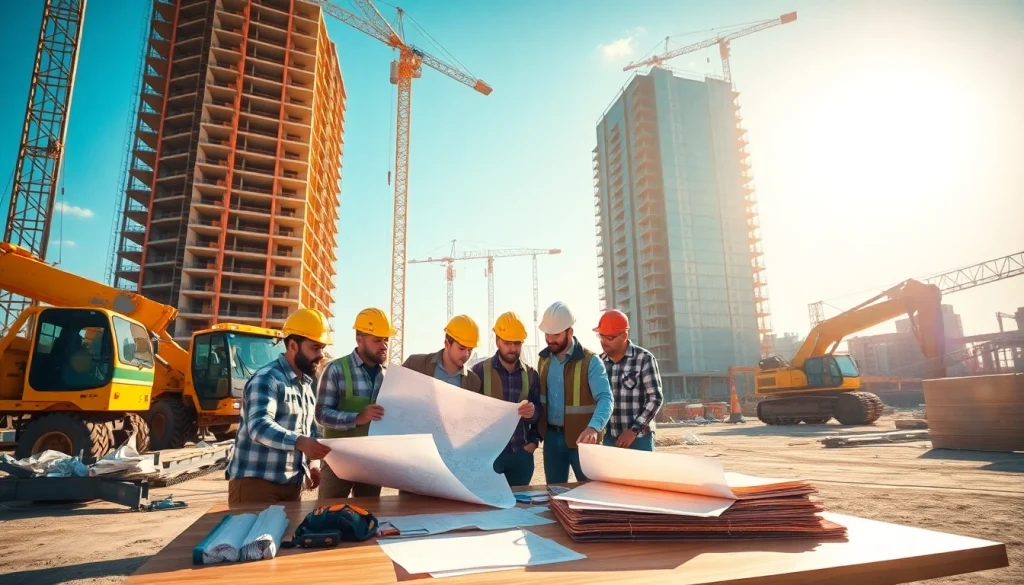 Engaged professionals in construction association colorado reviewing blueprints at a job site.
