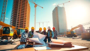 Engaged professionals in construction association colorado reviewing blueprints at a job site.