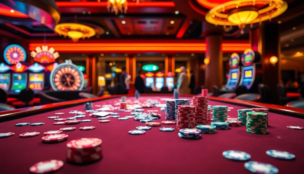 S8 gamblers enjoying a thrilling poker game at a luxurious casino table surrounded by vibrant slot machines.