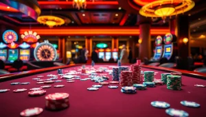 S8 gamblers enjoying a thrilling poker game at a luxurious casino table surrounded by vibrant slot machines.