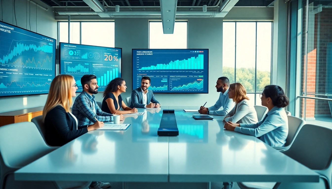 Engaged team at a Florida Digital Marketing Agency strategizing over analytics in a bright office.