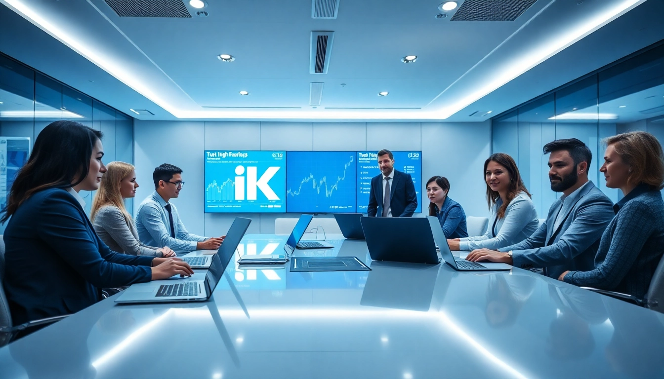 Collaborative business meeting with professionals showcasing the logo IK in a modern office.