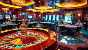 Thrilling gaming action at rr88ezcom's luxury casino with roulette and poker tables.