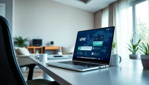 快连VPN interface displayed on a sleek laptop in a modern home office.