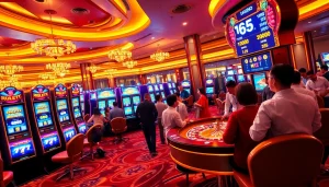 Toto slot players enjoying vibrant slot machines in a luxurious casino atmosphere