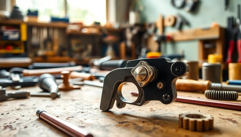 Showcasing a detailed 3 position forced reset trigger on a workbench with tools.