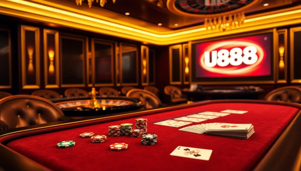 Engaging U888 card game scene with luxurious poker chips, a roulette wheel, and elegant ambiance.