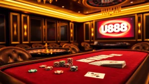 Engaging U888 card game scene with luxurious poker chips, a roulette wheel, and elegant ambiance.