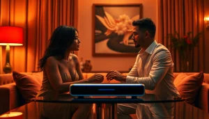 Engaging interaction about sex AI in a modern, intimate setting with soft lighting and elegant decor.