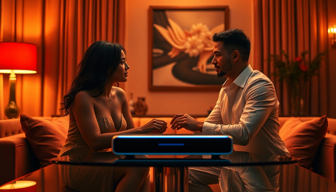 Engaging interaction about sex AI in a modern, intimate setting with soft lighting and elegant decor.