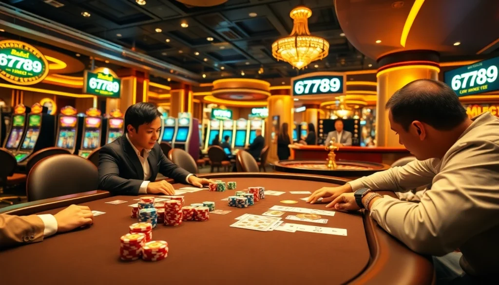 Players engaged in a thrilling poker game at the 6789 casino, showcasing luxury gambling.