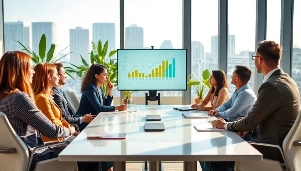 Engaged business team strategizing in a modern office setting with a focus on collaboration.