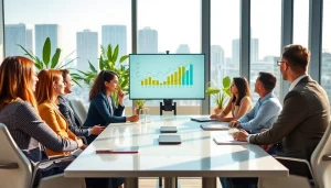 Engaged business team strategizing in a modern office setting with a focus on collaboration.