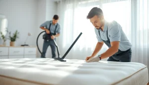 Experience professional mattress cleaning Dubai with expert technicians revitalizing a mattress.