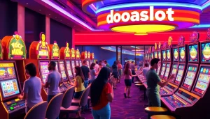 Exciting casino scene featuring doaslot slot machines surrounded by enthusiastic players in a vibrant environment.