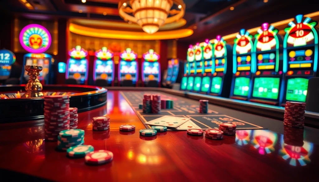 Engaging players enjoying nổ hủ 90 slots amidst vibrant casino decor.