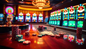 Engaging players enjoying nổ hủ 90 slots amidst vibrant casino decor.