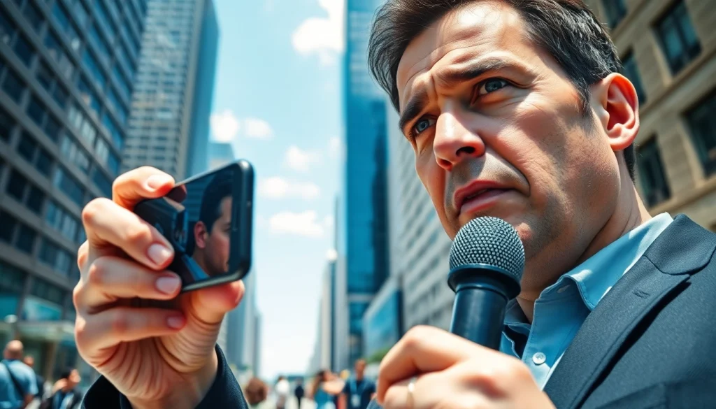 Captured a journalist reporting news on https://spectacle.com.ua amidst a vibrant urban background.