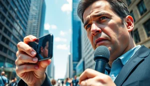 Captured a journalist reporting news on https://spectacle.com.ua amidst a vibrant urban background.