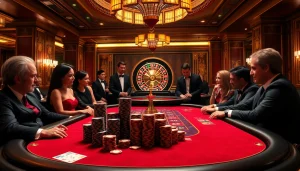 MMOO casino atmosphere with poker chips, cards, and roulette wheel in an elegant setting