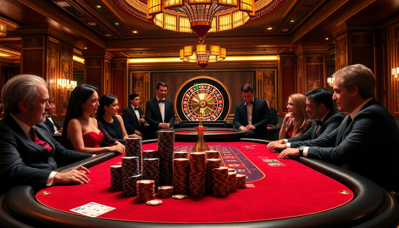 MMOO casino atmosphere with poker chips, cards, and roulette wheel in an elegant setting