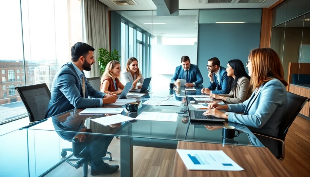 Business professionals collaborating in a modern office, fostering innovation and teamwork.