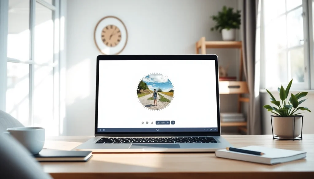 Crop image in circle with an easy-to-use tool displayed on a laptop in a cozy workspace.