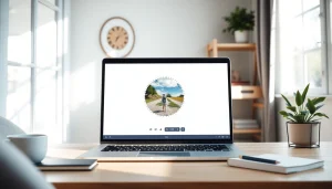 Crop image in circle with an easy-to-use tool displayed on a laptop in a cozy workspace.
