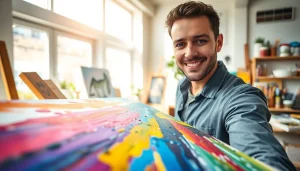 Artist paints in vibrant colors at https://acrylicpedia.com, showcasing acrylic techniques in a bright studio.