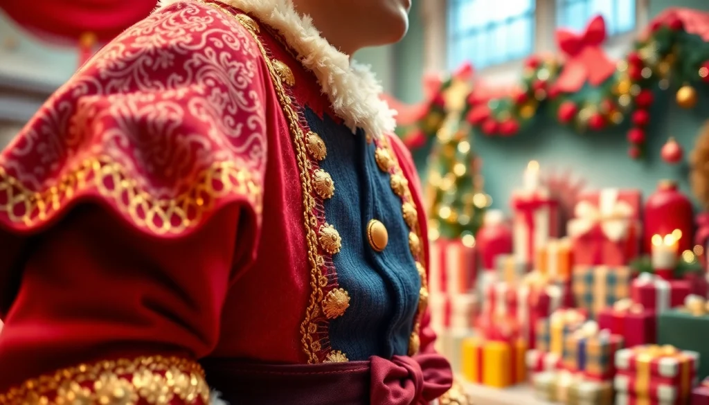 Verken een kleurrijk pietenpak met luxe details in een feestelijke setting.