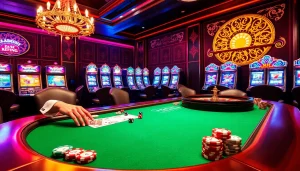 Experience the thrill of RAJABARONG as poker chips and cards create excitement at a luxurious casino table.