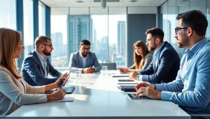 Business professionals collaborating in a modern office environment.
