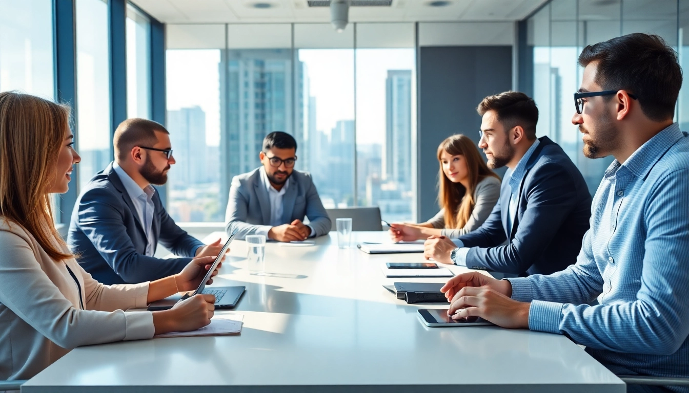 Business professionals collaborating in a modern office environment.