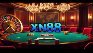 Experience the excitement of XN88 casino gaming with glamorous poker tables and vibrant roulette wheels.