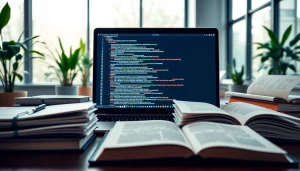 Showcasing app development in a professional workspace with code and design elements.