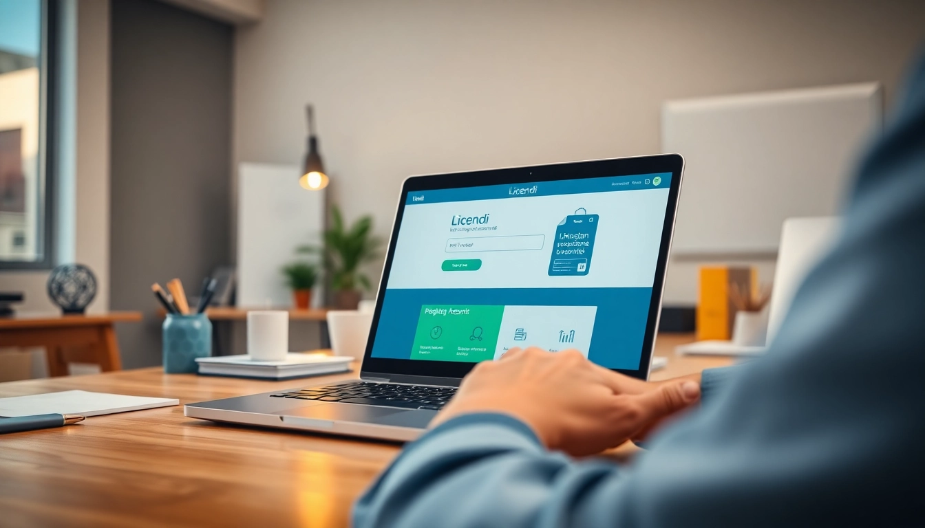 Engaged user interacting with Licendi software license keys on a sleek laptop in a modern office.