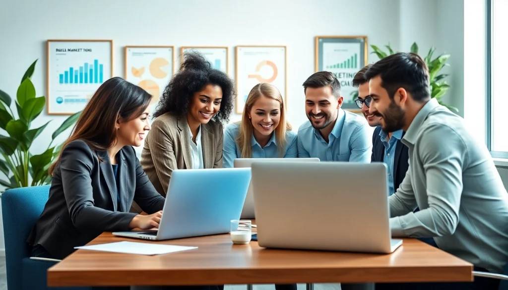 Agency marketing team collaborating actively in a modern workspace with vibrant colors.