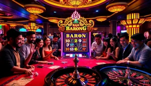 Engaging players enjoying the exhilarating raja barong-themed slot machine at a vibrant casino.