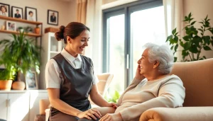 Elderly care maid engaging with an elderly woman in a warm and inviting living room.